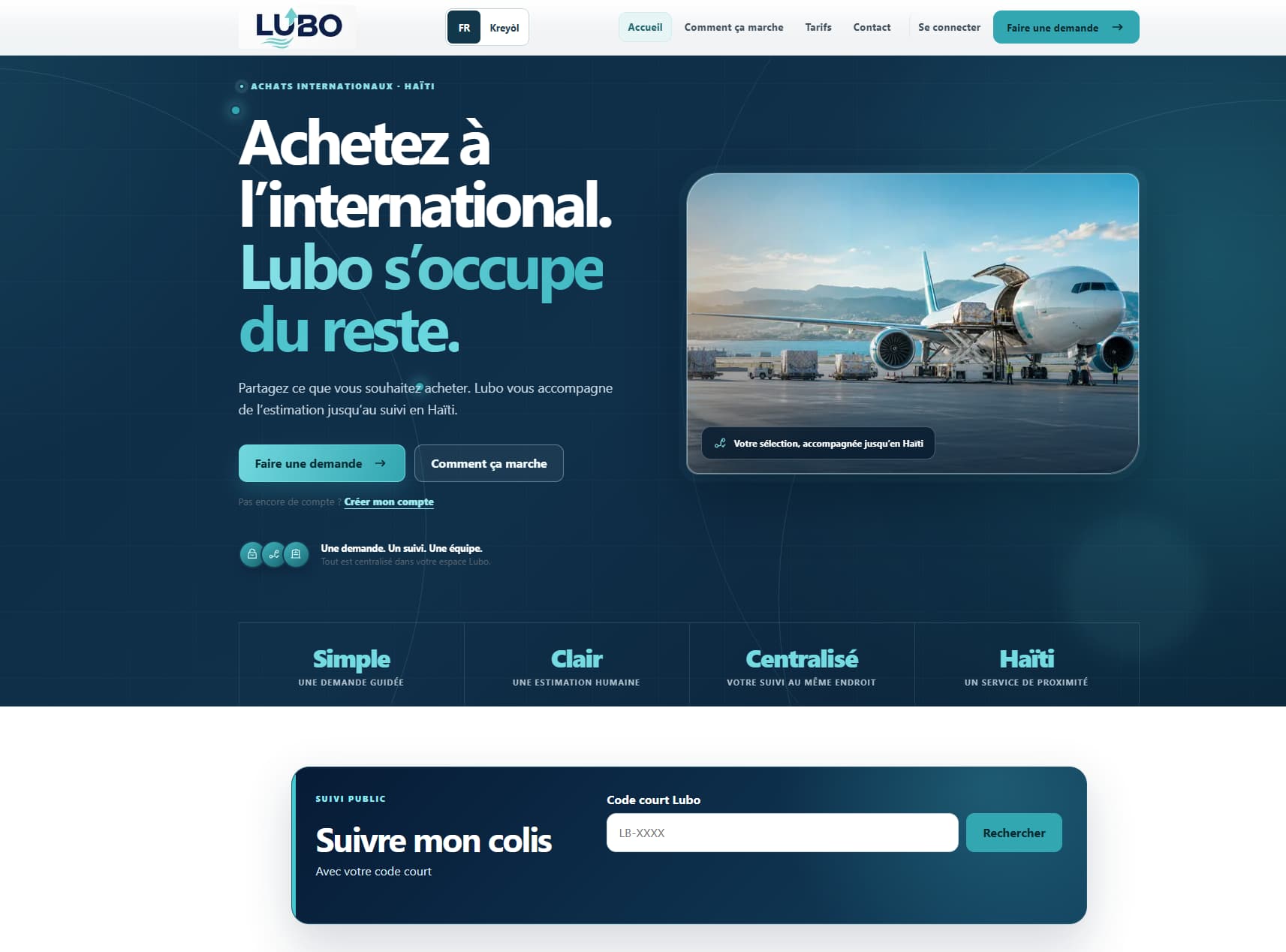 Page d’accueil Lubo présentant les achats internationaux vers Haïti et la recherche de colis.
